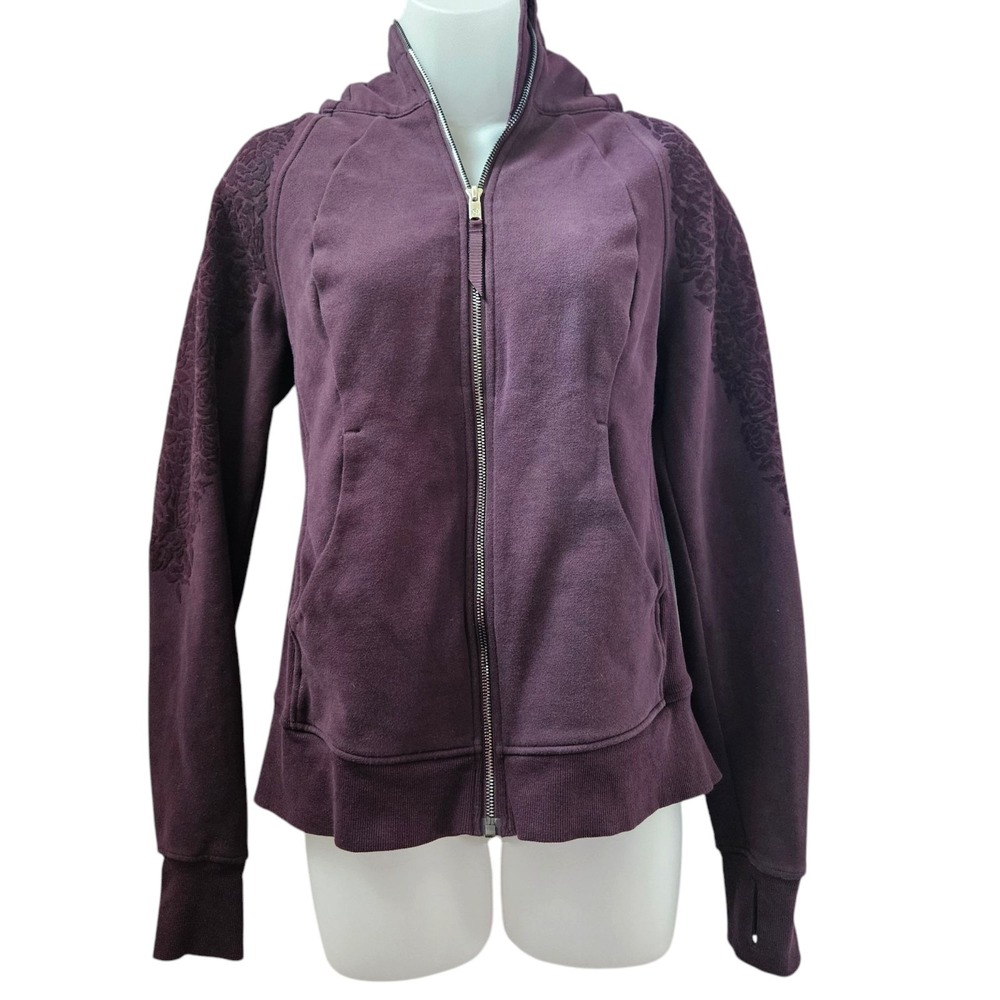 Lululemon Sweater Womens 6 Maroon Scuba Hoodie Full Zip Velvet Floral Athlesuire